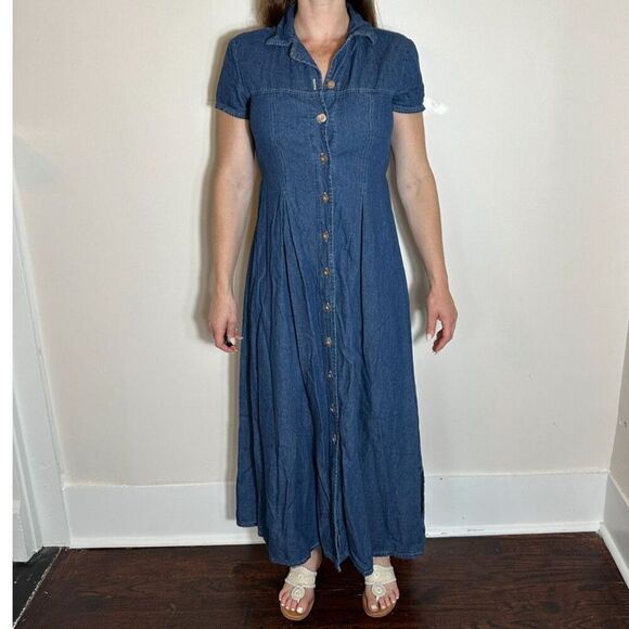 Vintage Blue 100% Cotton Made in USA Denim Maxi Dress Size 4 - Picture 2 of 9